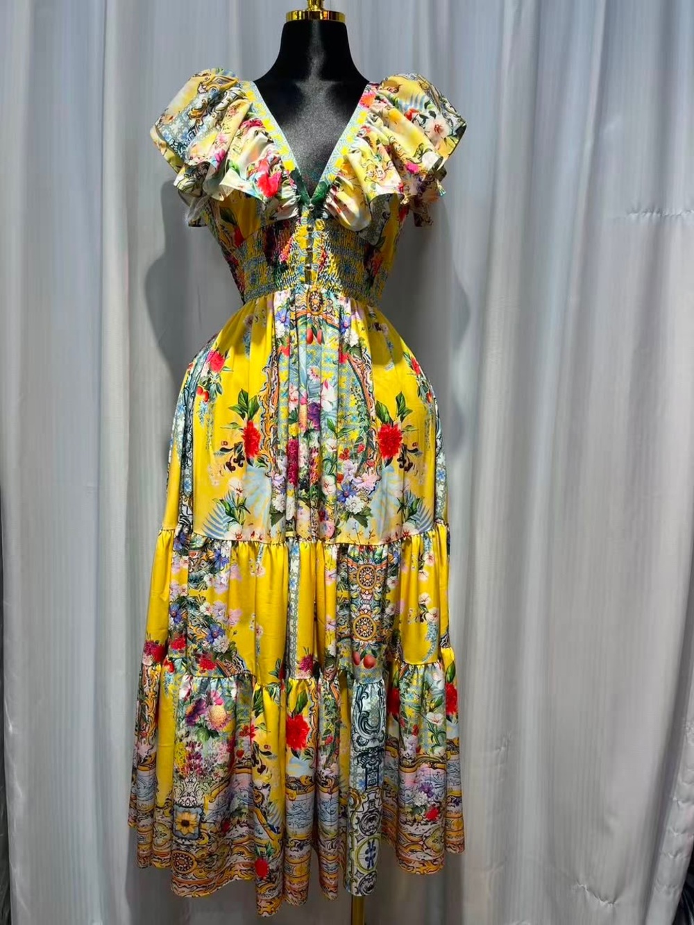 Yellow Floral Ruffled V-Neck Maxi Dress